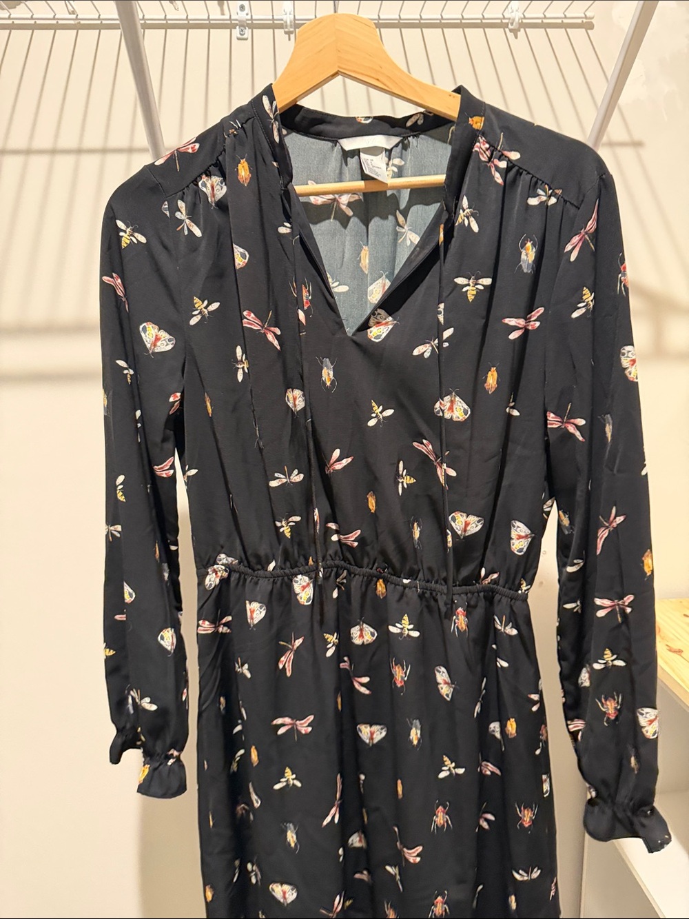 H&M Black Long-Sleeve Dress with Floral & Bug Motif